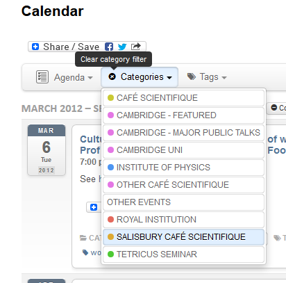 Calendar Category list, with a Filter applied and the 'clear filters' tooltip visible